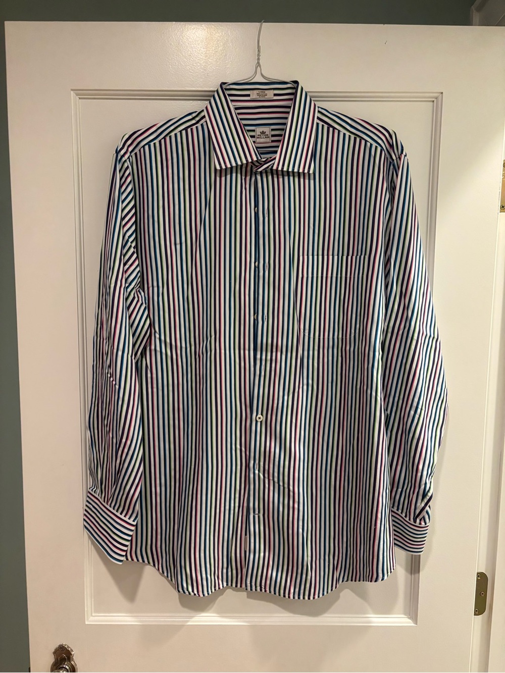 Peter Millar Men's White Dress Shirt with Blue and Pink Vertical Stripes